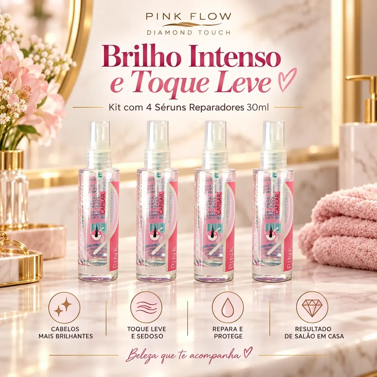 Kit 4 Sérum Reparador Pink Flow Diamond Touch 30ml - Antifrizz, Selagem e Brilho – foto 7