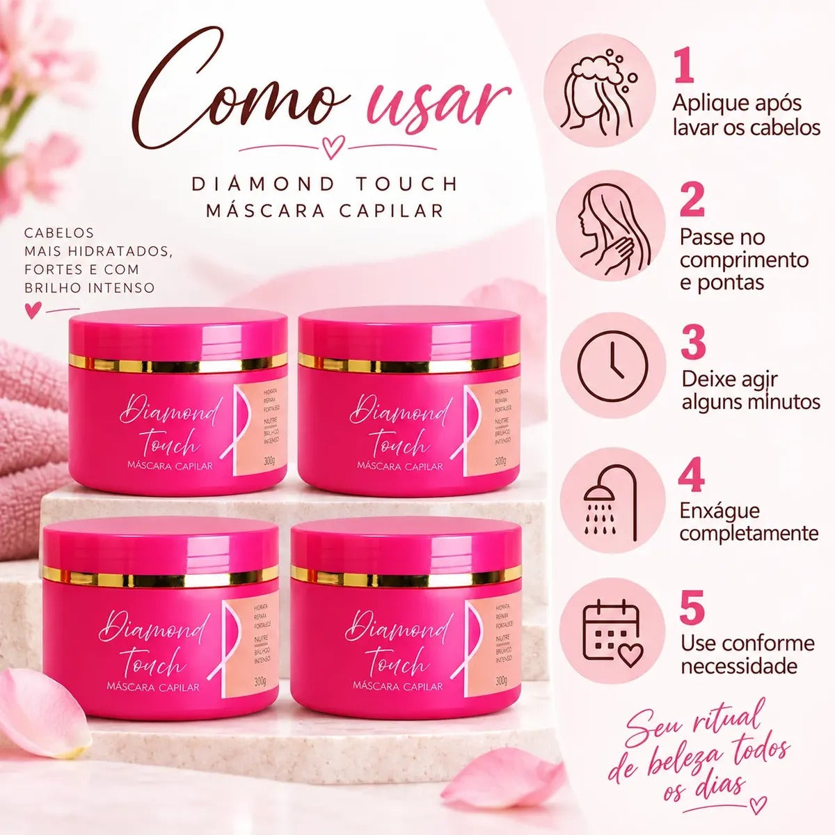 Kit 4 Máscara Pink Flow Diamond Touch 300g - Nutrição, Força e Brilho – foto 4