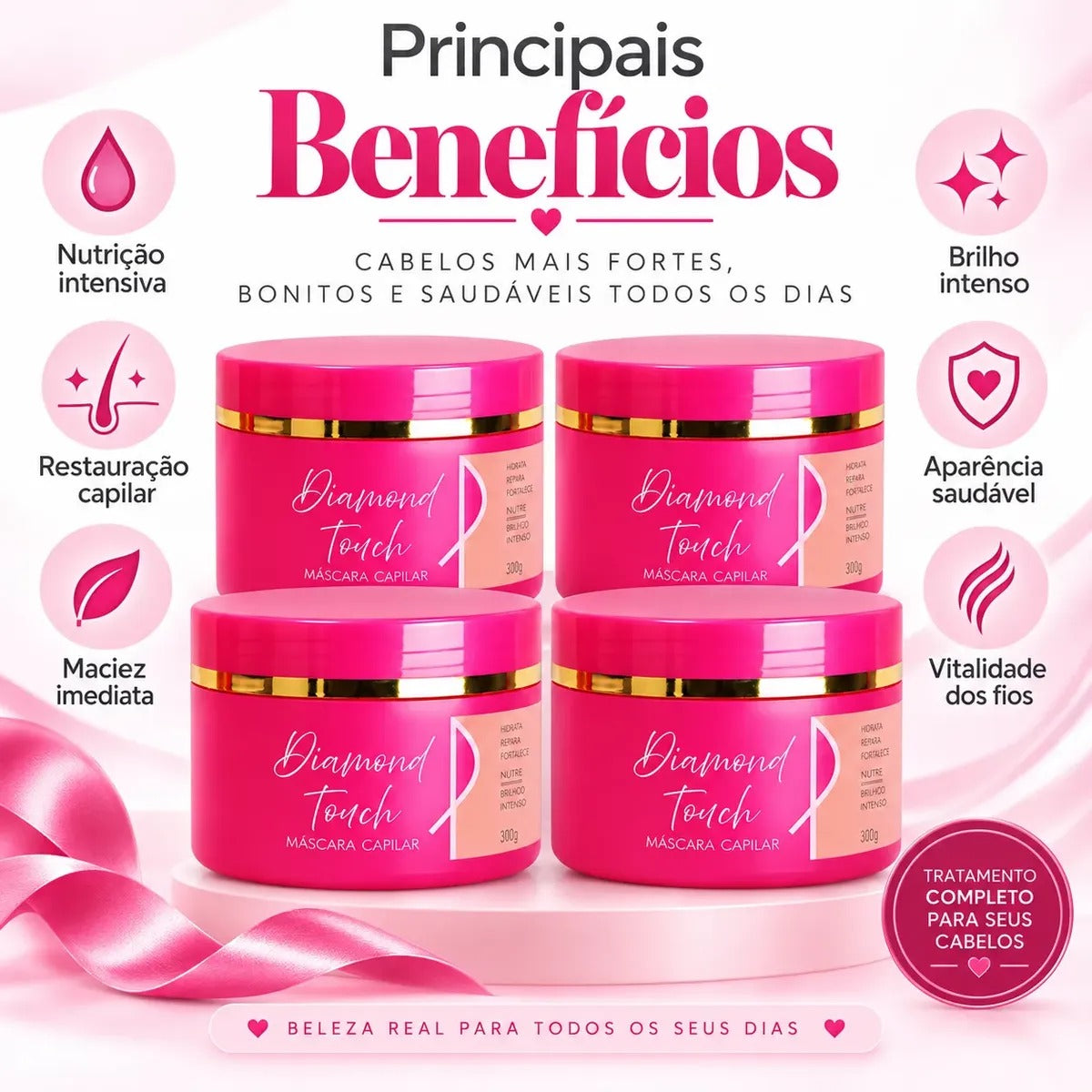 Kit 4 Máscara Pink Flow Diamond Touch 300g - Nutrição, Força e Brilho – foto 5