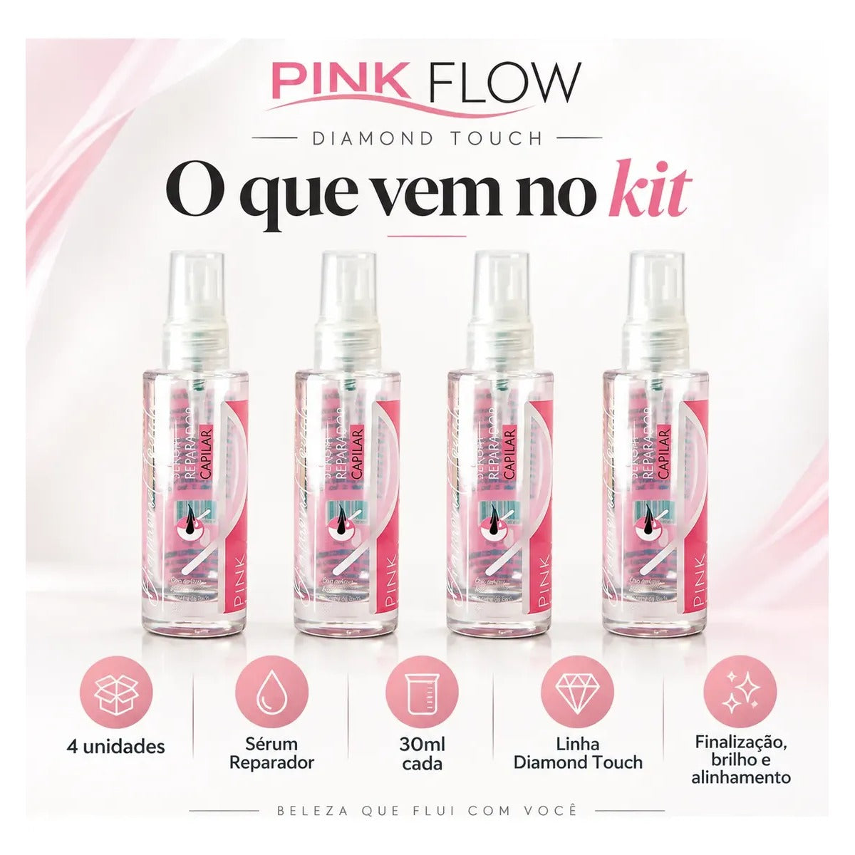 Kit 4 Sérum Reparador Pink Flow Diamond Touch 30ml - Antifrizz, Selagem e Brilho – foto 2