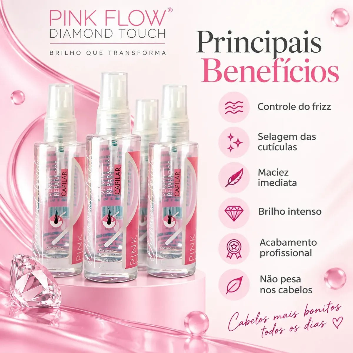Kit 4 Sérum Reparador Pink Flow Diamond Touch 30ml - Antifrizz, Selagem e Brilho – foto 3