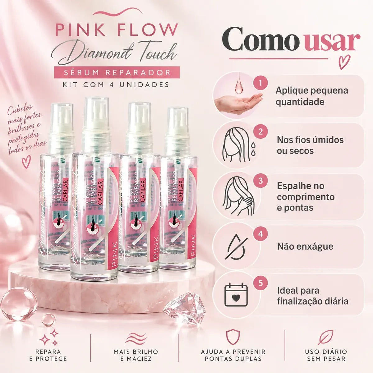 Kit 4 Sérum Reparador Pink Flow Diamond Touch 30ml - Antifrizz, Selagem e Brilho – foto 4