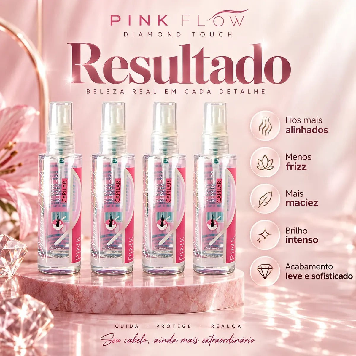 Kit 4 Sérum Reparador Pink Flow Diamond Touch 30ml - Antifrizz, Selagem e Brilho – foto 6