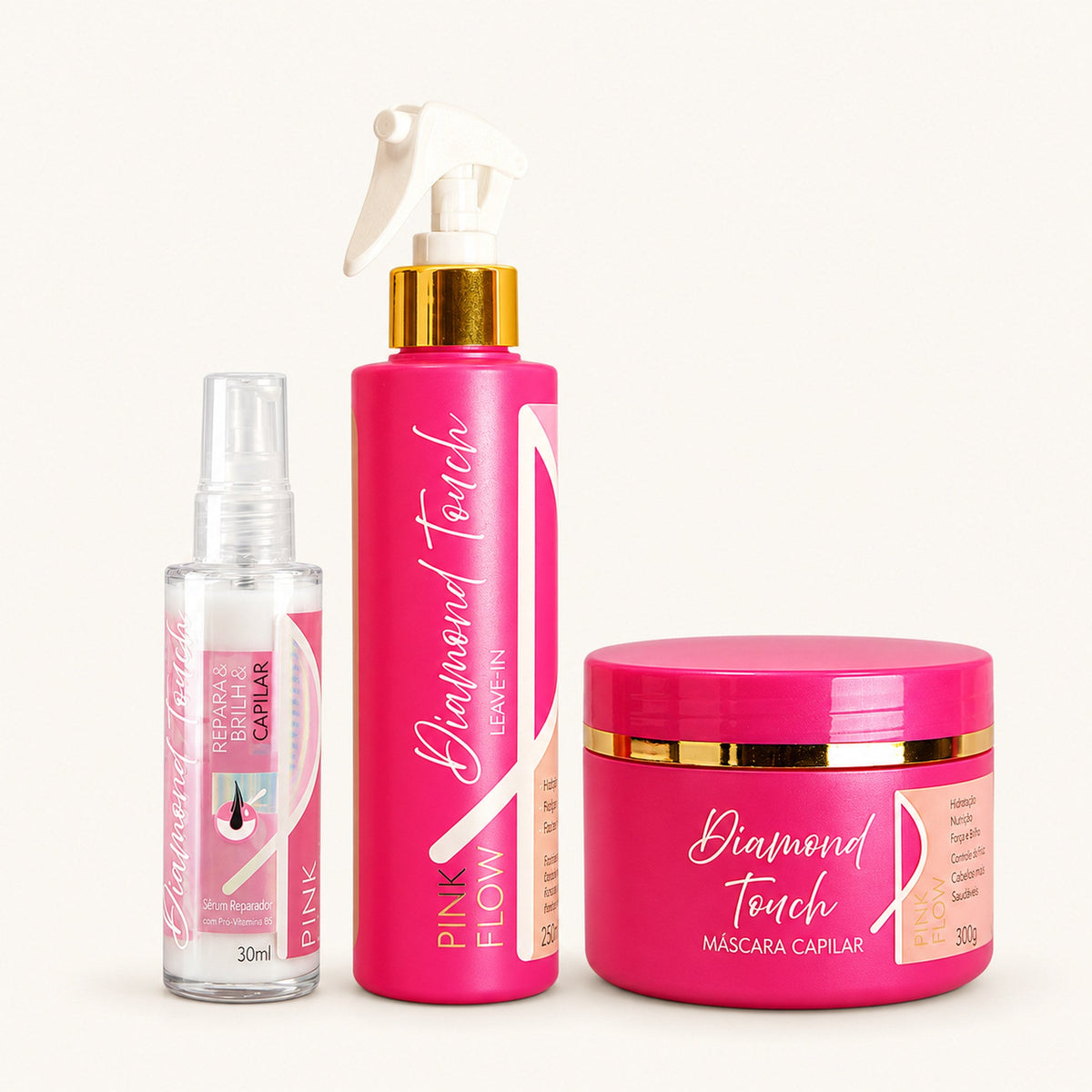 Kit Pink Flow Diamond Touch Máscara + Leave-in + Sérum Tratamento Completo e Brilho Intenso – foto 1